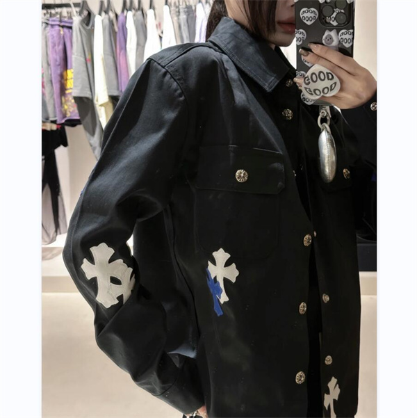 クロムハーツ CHROME HEARTS コピー シャツ レザー ロゴ クロス 純綿生地 ジャケット